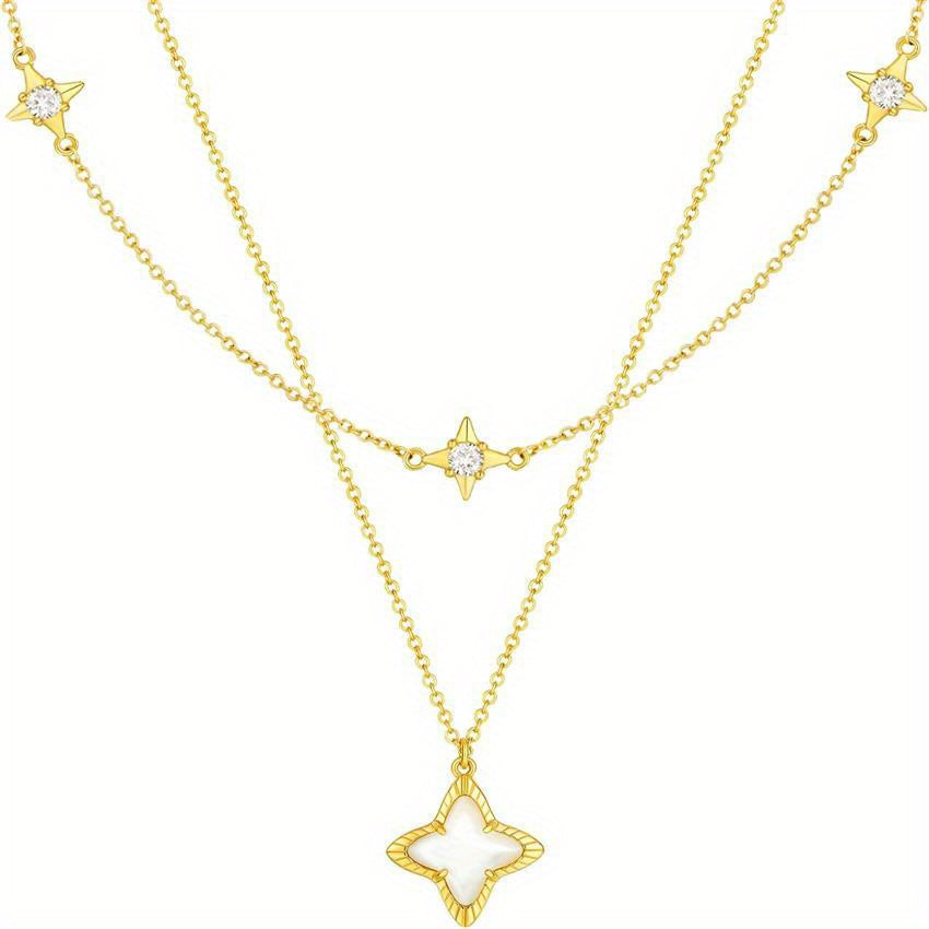 Cicy Bell Womens Four Point Star Necklace Sets Double Layer Chain Cubic Mother of Lucky Pendant Necklace