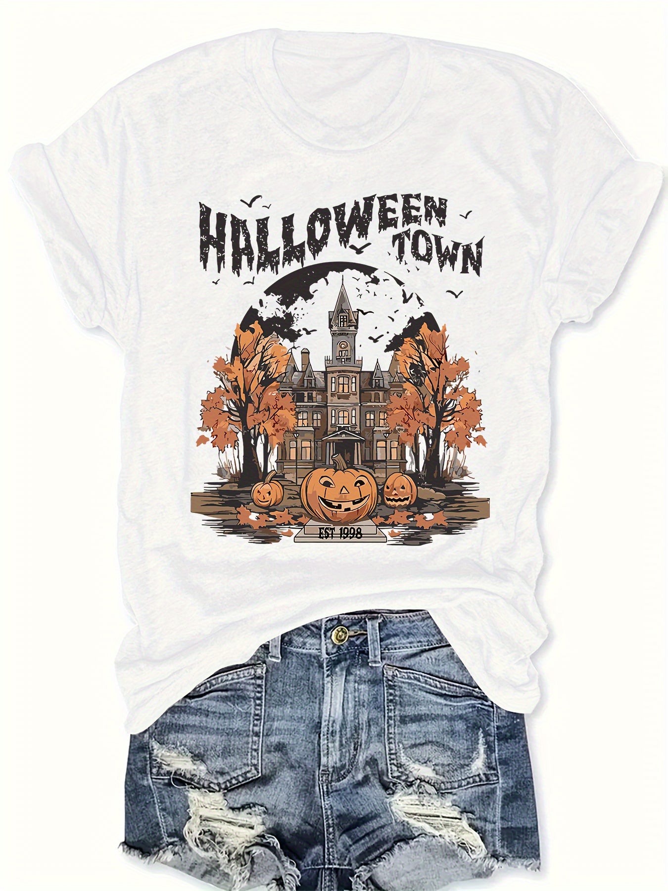 Women's Plus Size Halloween Town Graphic T-Shirt - Short Sleeve Round Neck Casual Top with Spooky Mansion