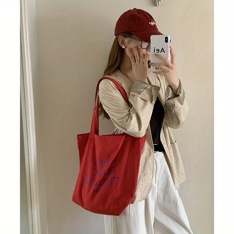 Red Women'S Spring And Summer Color-Matching Letter Canvas Bag, Korean Large-Capacity Tote Bag, Lazy Single-Shoulder Bag, Daily Commuting Morning, Eight Capacities | Travel Bag | Suitable for Women'S Trips