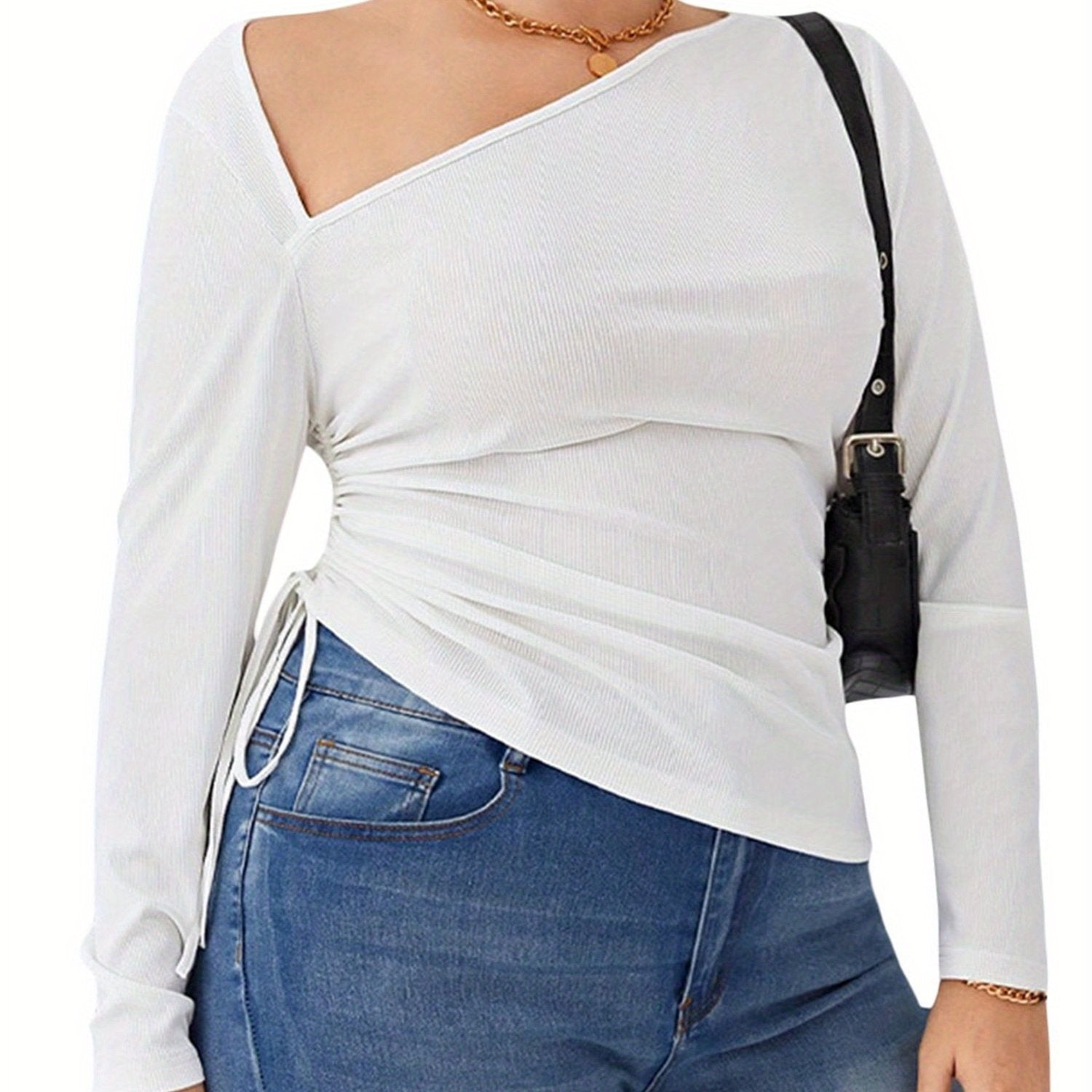Plus Size - Plus Size Women'S Elegant Asymmetrical Cut-Out Slash Neck Long Sleeve T-Shirt - Solid Color