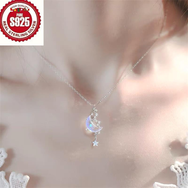 925 Silver Moon Splashing Star River Necklace for Women, Aurora Glazed Stone Star and Moon Pendant Clavicle Chain, Non-Fading Color, Suitable for Banquets, Parties, Daily Wear - Elegant, Sexy, Luxurious, Suitable as Valentine's Day or Birthday Gifts