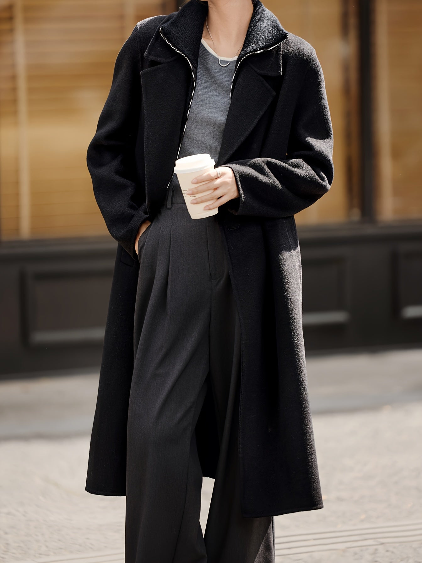 MOHO&MO Women's Handmade Dual-Sided Breasted Wool Tweed Coat - Slim Fit Long Winter Coat for Commuting