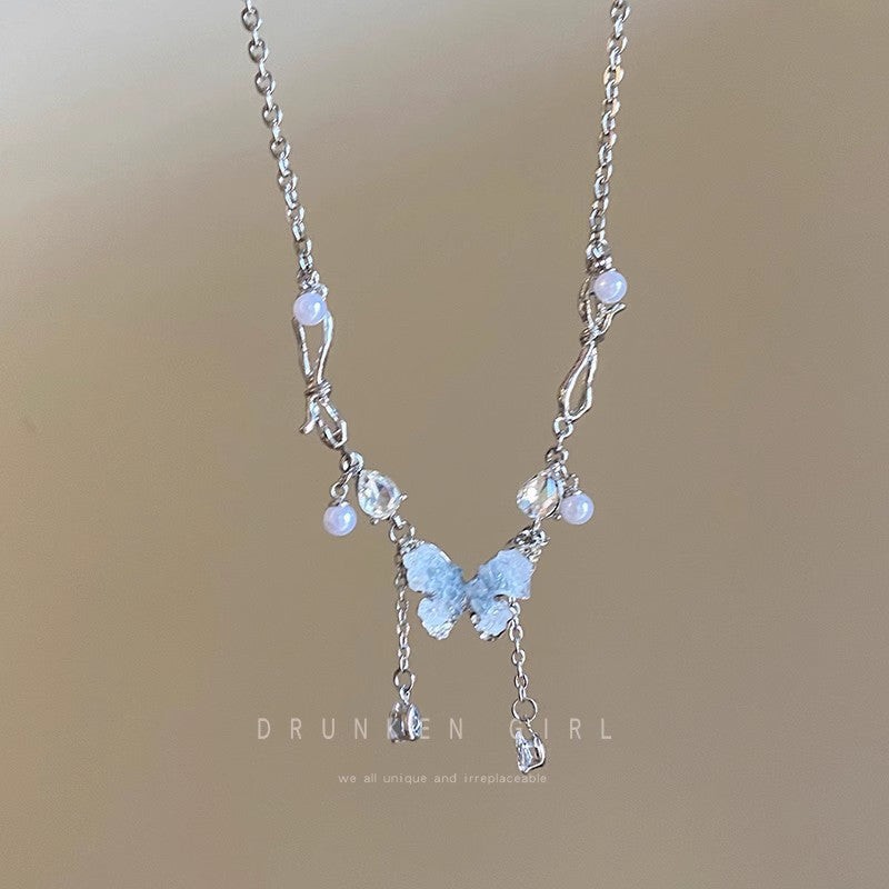 Blue Gradient Crystal Butterfly Necklace, Collarbone Chain, High-End Pearl Necklace Accessory