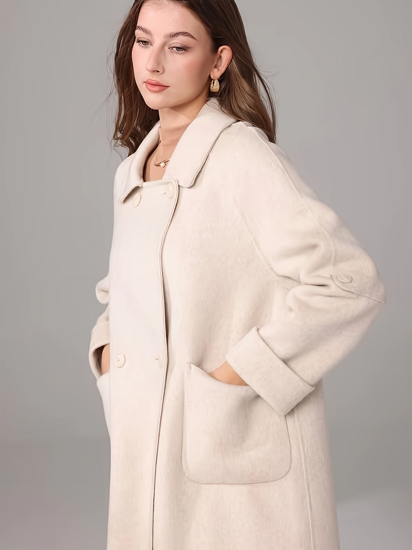 Elegant White Long Coat for Women - Chic Long Sleeve, Button-Up, Flap Pockets, Polyester Blend