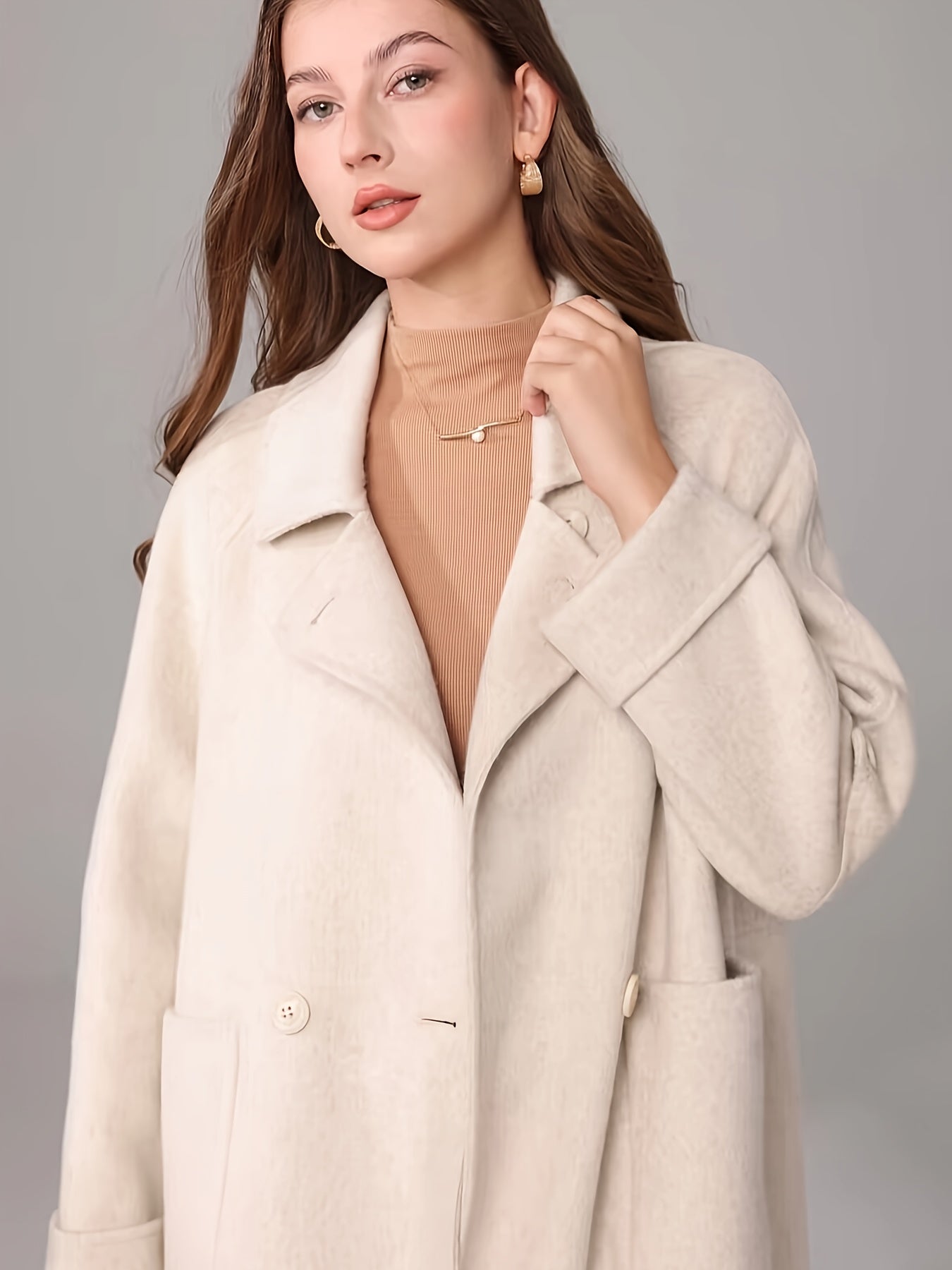 Elegant White Long Coat for Women - Chic Long Sleeve, Button-Up, Flap Pockets, Polyester Blend