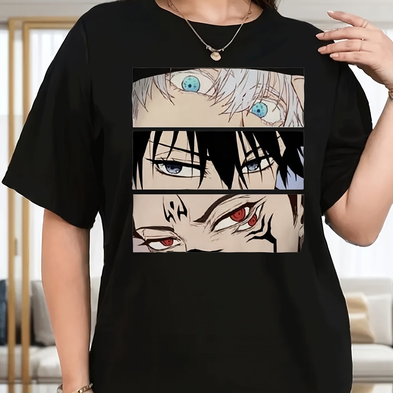 Plus Size, Plus-Size Women's Anime Eye Print Casual Short-Sleeve Shirt - 2D Cultural Graphic Tee with Vibrant Character Eyes