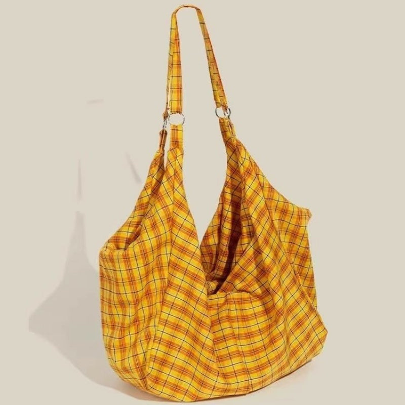 2025 Yellow Plaid Canvas Tote Bag for Women - Large Capacity, Lightweight, Double-Sided Shoulder Handbag with Adjustable Strap, Vintage Commuter Shopping Bag, Casual Daypack | Vintage Plaid Design | Durable Canvas Material, Large Tote Bag