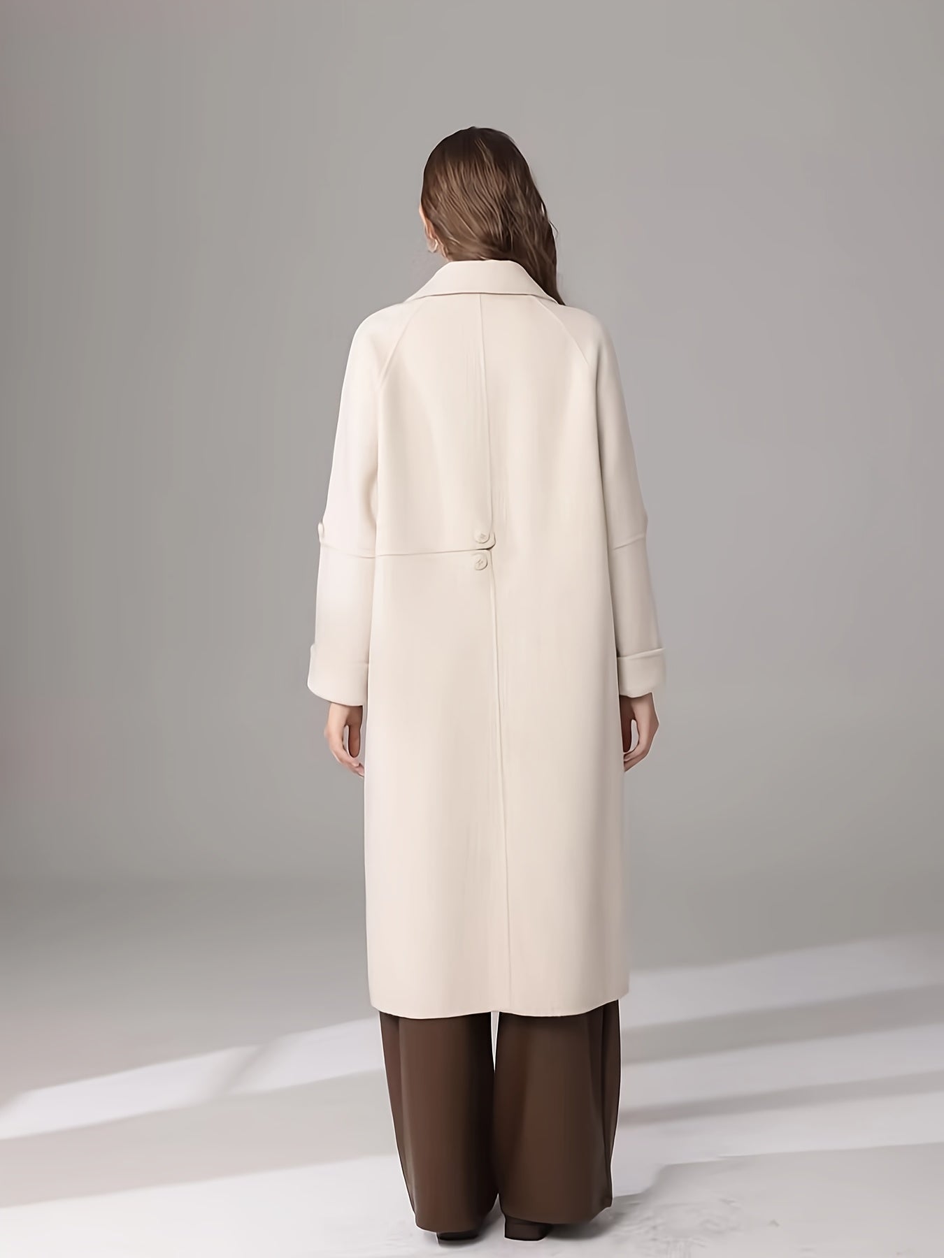 Elegant White Long Coat for Women - Chic Long Sleeve, Button-Up, Flap Pockets, Polyester Blend