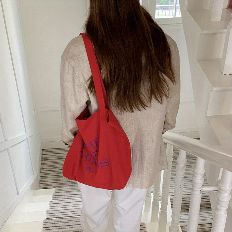 Red Women'S Spring And Summer Color-Matching Letter Canvas Bag, Korean Large-Capacity Tote Bag, Lazy Single-Shoulder Bag, Daily Commuting Morning, Eight Capacities | Travel Bag | Suitable for Women'S Trips