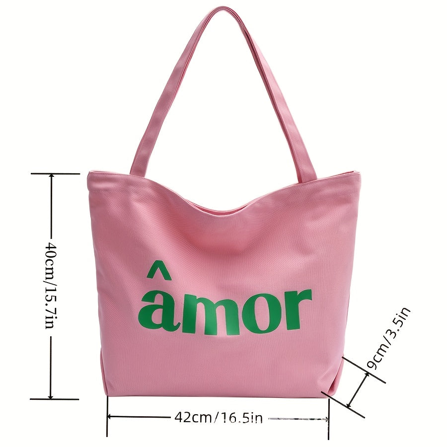 Stylish Pink Canvas Tote Bag for Women with Green \