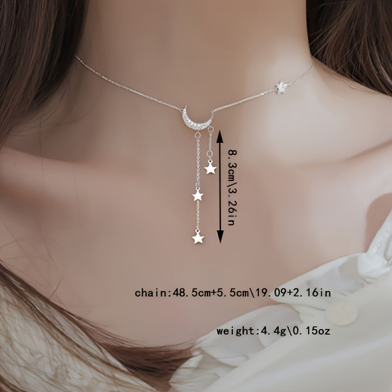 1pc Elegant Silvery Tassel Star and Crescent Necklace, Minimalist Style, Ladies Fashion Accessories, Perfect Birthday Gift for EID al-Fitr