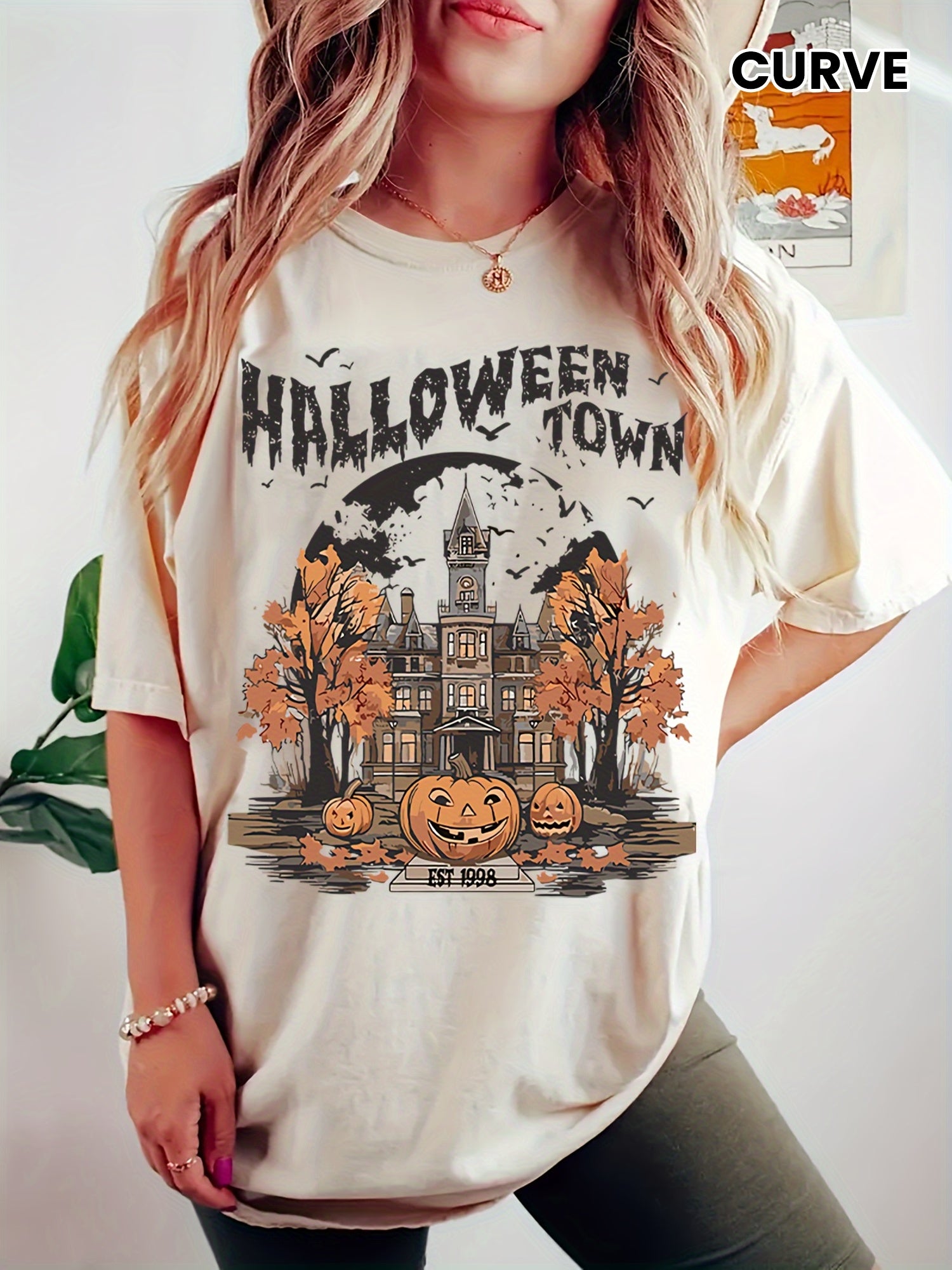 Women's Plus Size Halloween Town Graphic T-Shirt - Short Sleeve Round Neck Casual Top with Spooky Mansion