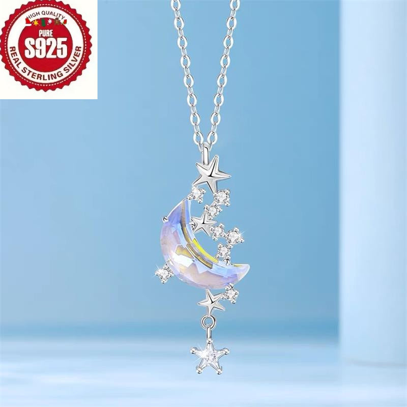 925 Silver Moon Splashing Star River Necklace for Women, Aurora Glazed Stone Star and Moon Pendant Clavicle Chain, Non-Fading Color, Suitable for Banquets, Parties, Daily Wear - Elegant, Sexy, Luxurious, Suitable as Valentine's Day or Birthday Gifts