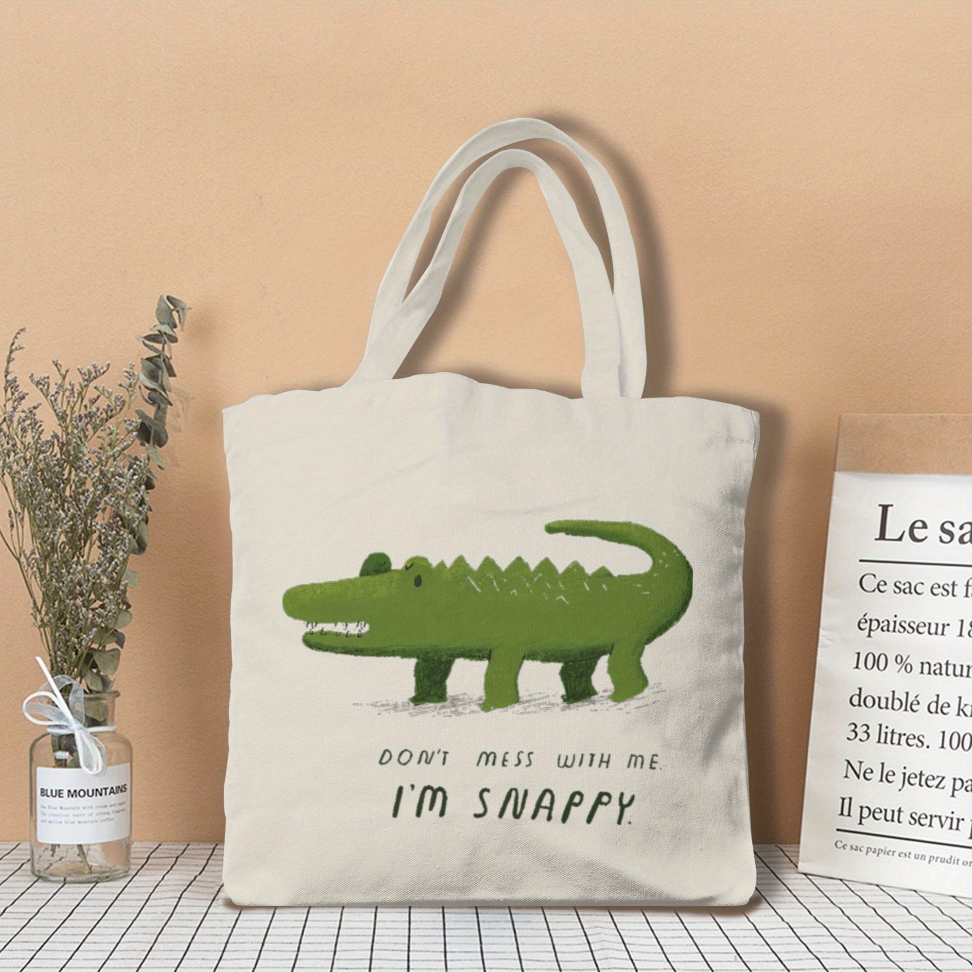 I'm Snappy Classi Retro Canvas Shoulder Bag - Square Gym & Shopping Tote with Green Alligator Graphic & \