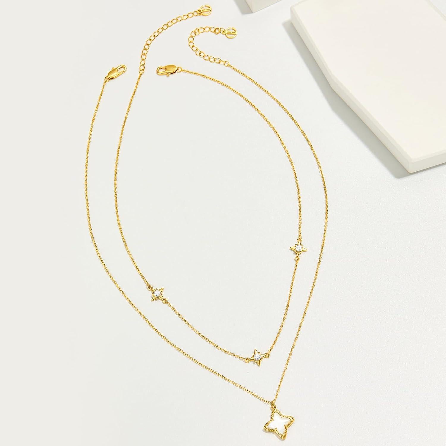 Cicy Bell Womens Four Point Star Necklace Sets Double Layer Chain Cubic Mother of Lucky Pendant Necklace