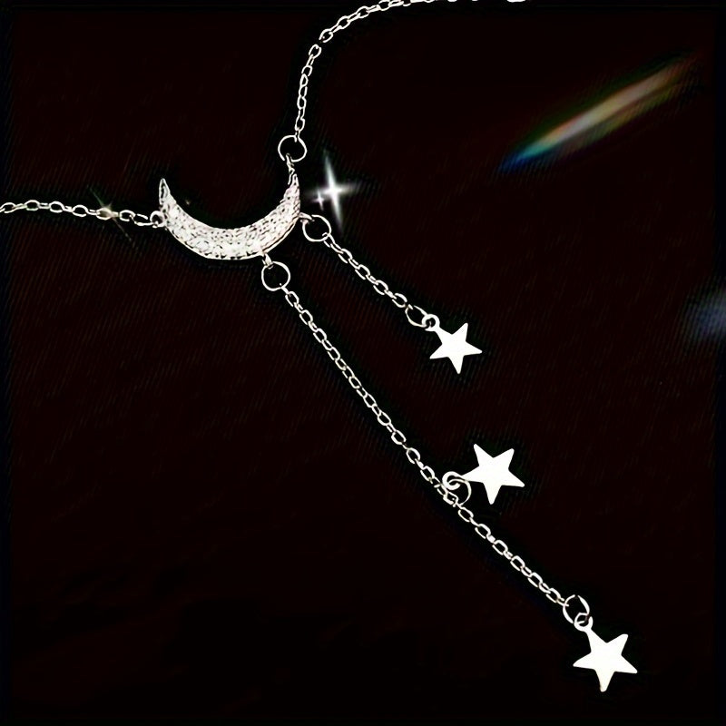 1pc Elegant Silvery Tassel Star and Crescent Necklace, Minimalist Style, Ladies Fashion Accessories, Perfect Birthday Gift for EID al-Fitr