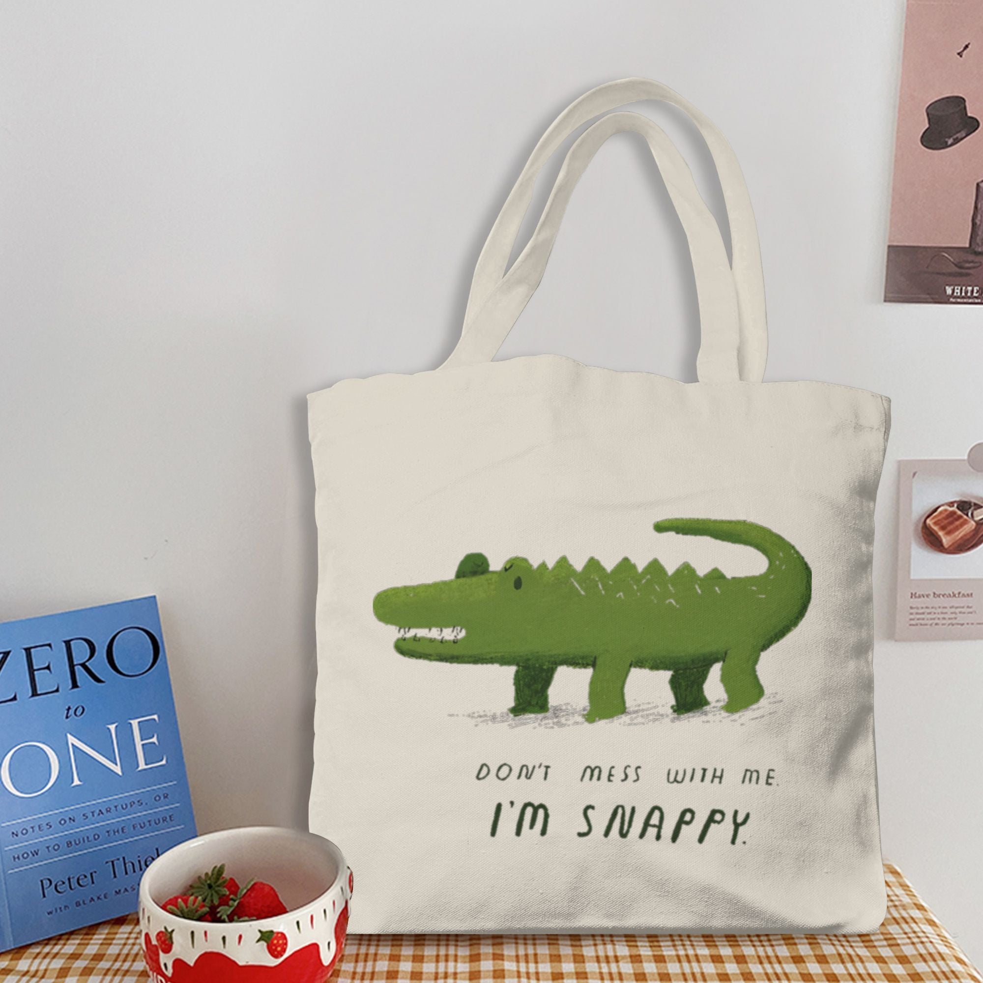 I'm Snappy Classi Retro Canvas Shoulder Bag - Square Gym & Shopping Tote with Green Alligator Graphic & \