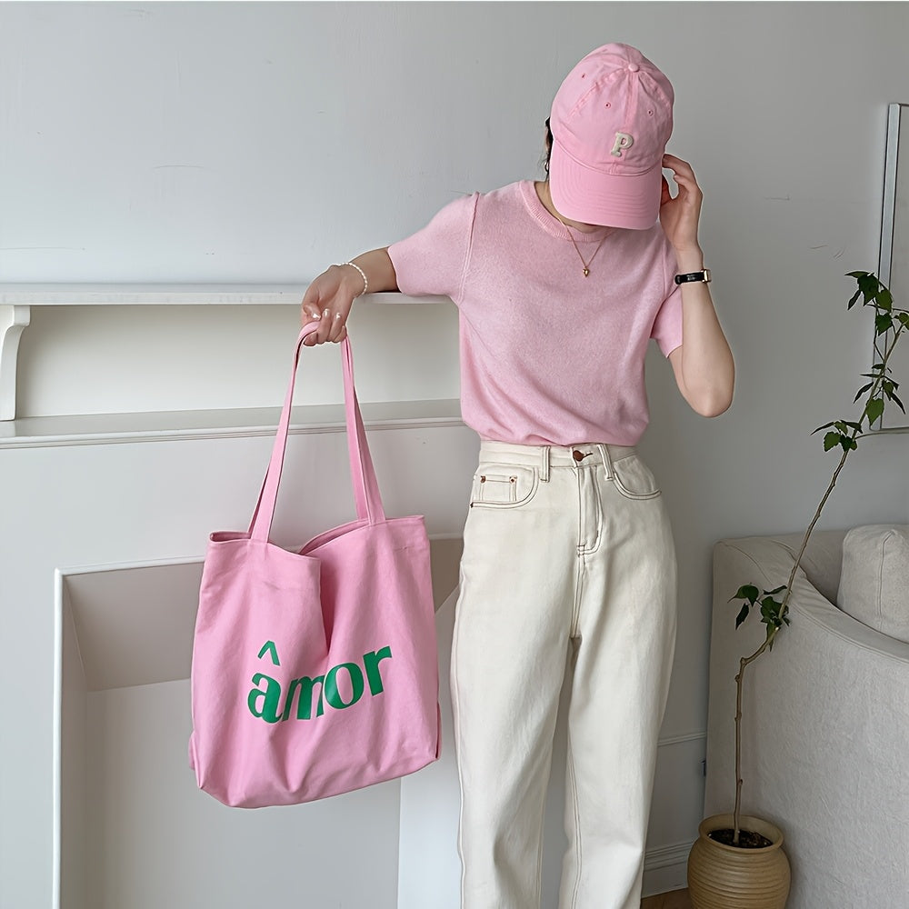 Stylish Pink Canvas Tote Bag for Women with Green \