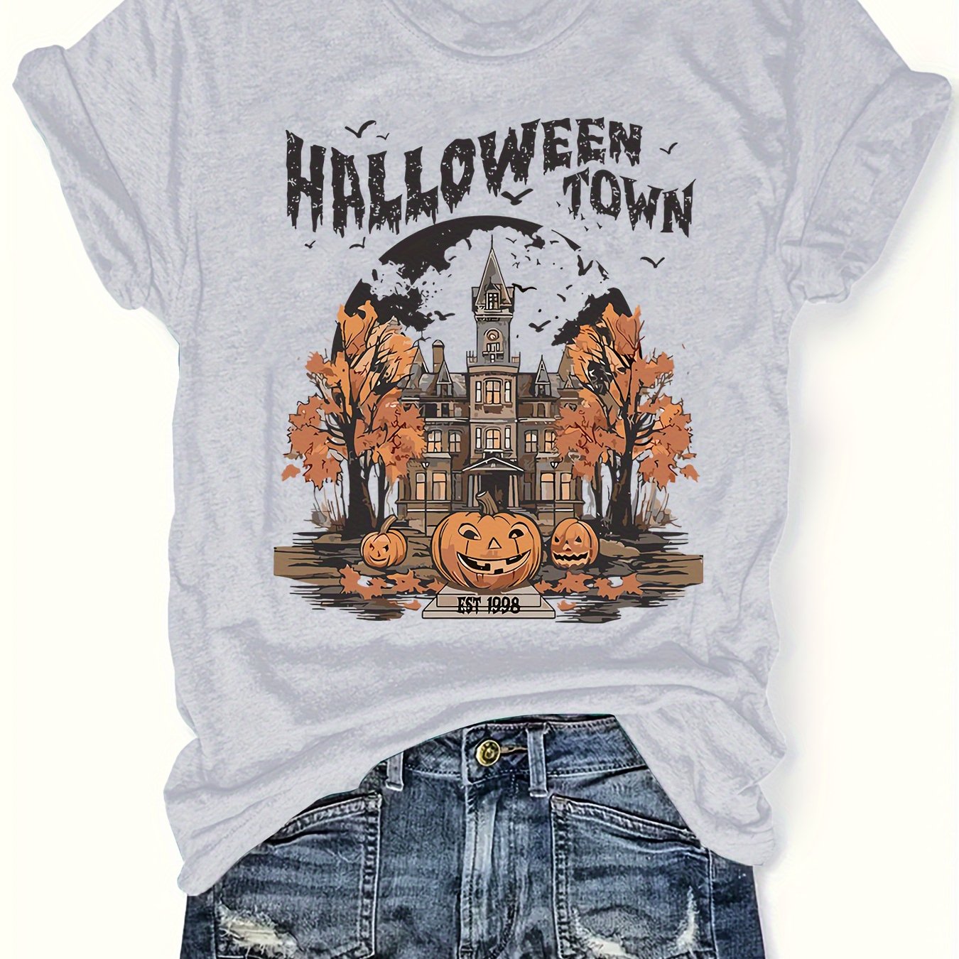 Women's Plus Size Halloween Town Graphic T-Shirt - Short Sleeve Round Neck Casual Top with Spooky Mansion