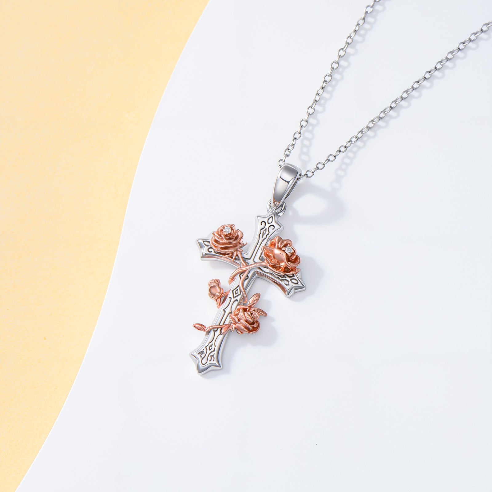 Elegant 925 Sterling Silver Cross Pendant Necklace with Lab-Grown Diamonds and Floral Accents - Ideal Gift for Mother, Wife, Girlfriend, Everyday Jewelry|Elegant Necklace|Detailed Craftsmanship