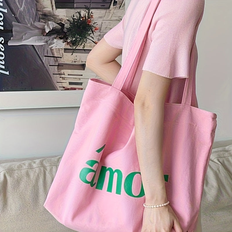 Stylish Pink Canvas Tote Bag for Women with Green \