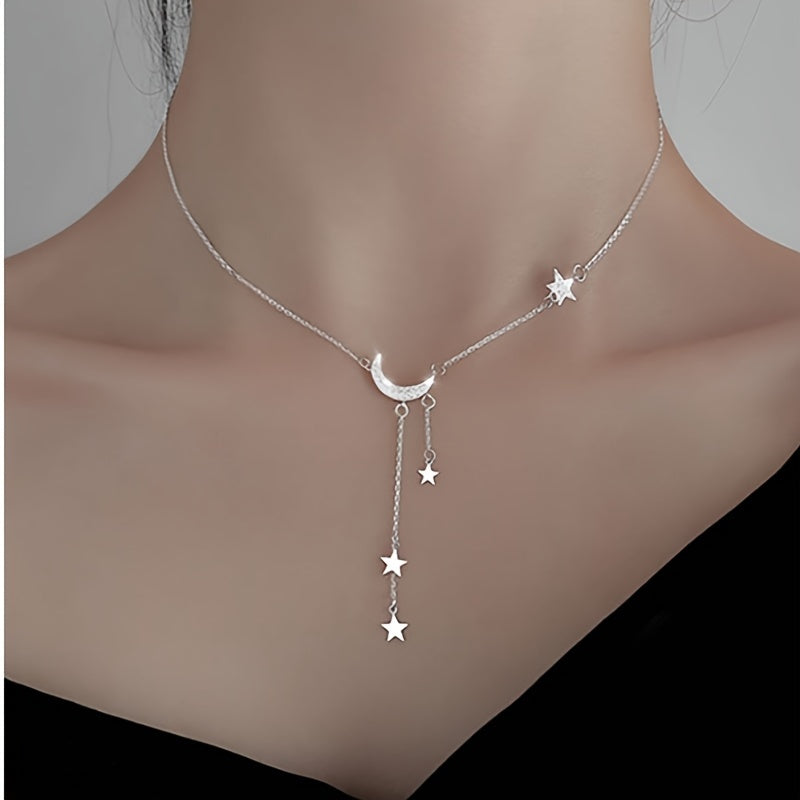 1pc Elegant Silvery Tassel Star and Crescent Necklace, Minimalist Style, Ladies Fashion Accessories, Perfect Birthday Gift for EID al-Fitr