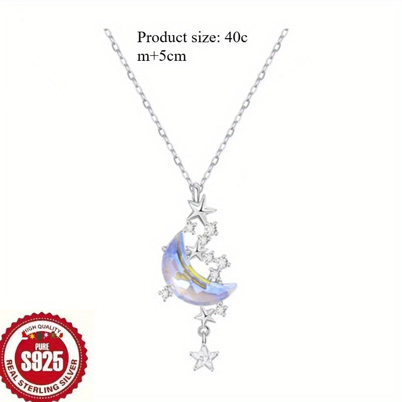925 Silver Moon Splashing Star River Necklace for Women, Aurora Glazed Stone Star and Moon Pendant Clavicle Chain, Non-Fading Color, Suitable for Banquets, Parties, Daily Wear - Elegant, Sexy, Luxurious, Suitable as Valentine's Day or Birthday Gifts