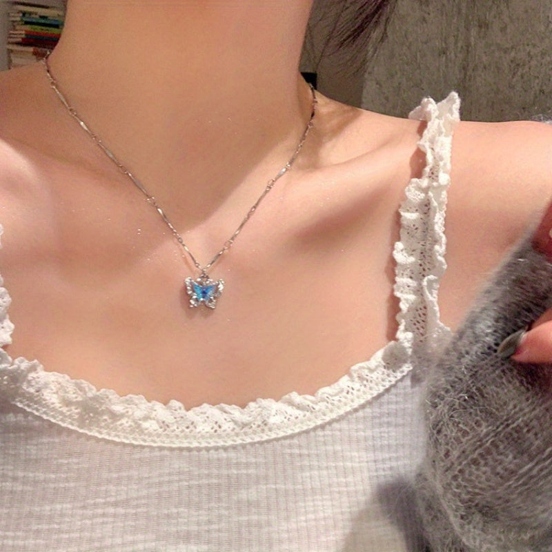 1pc Elegant & Sexy Stainless Steel Collarbone Chain Necklace with Blue & Clear Artificial Crystal Pendant - Lightweight Durable Jewelry for Daily Wear, Vacation, Year-Round Accessory