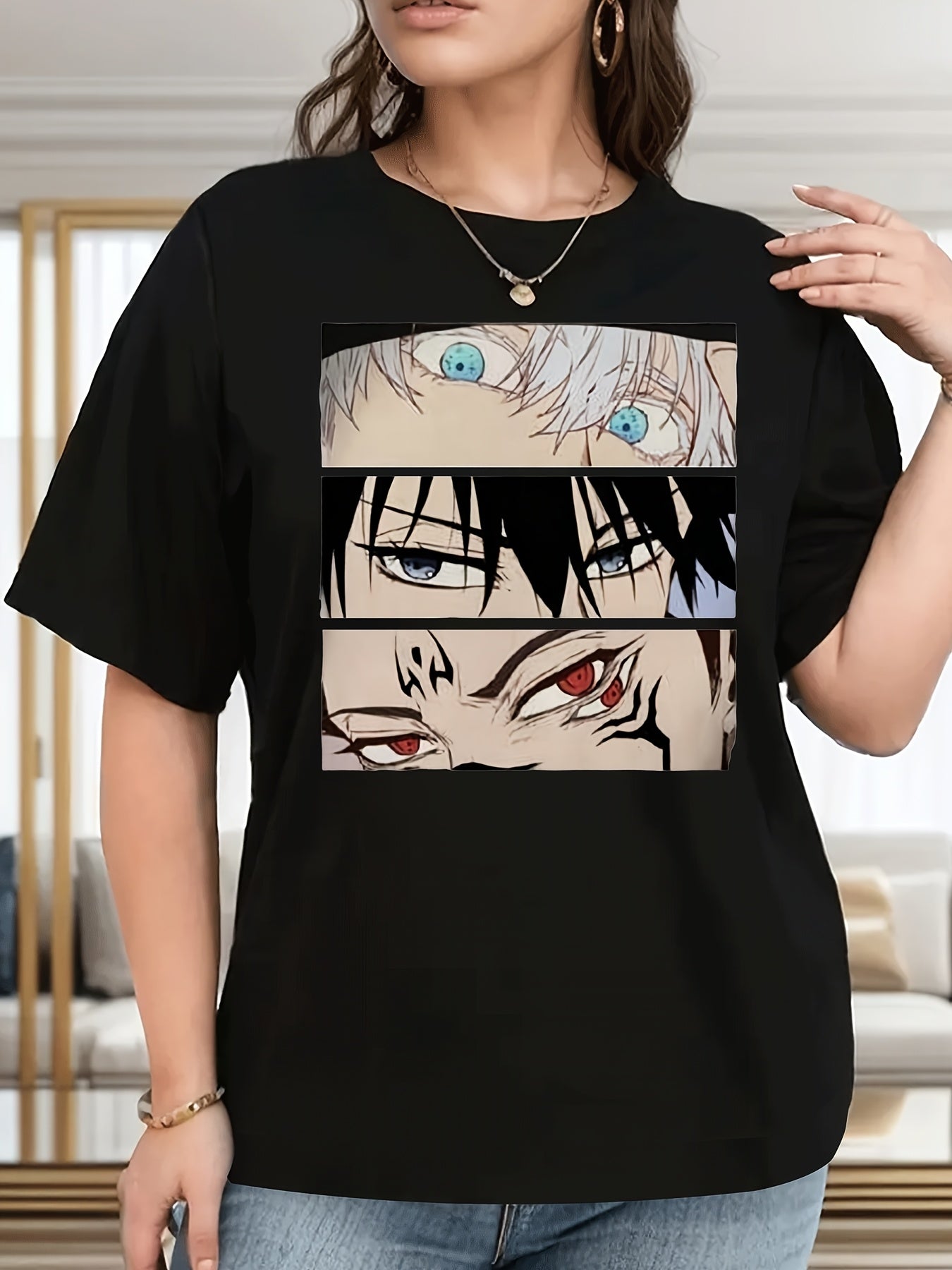 Plus Size, Plus-Size Women's Anime Eye Print Casual Short-Sleeve Shirt - 2D Cultural Graphic Tee with Vibrant Character Eyes