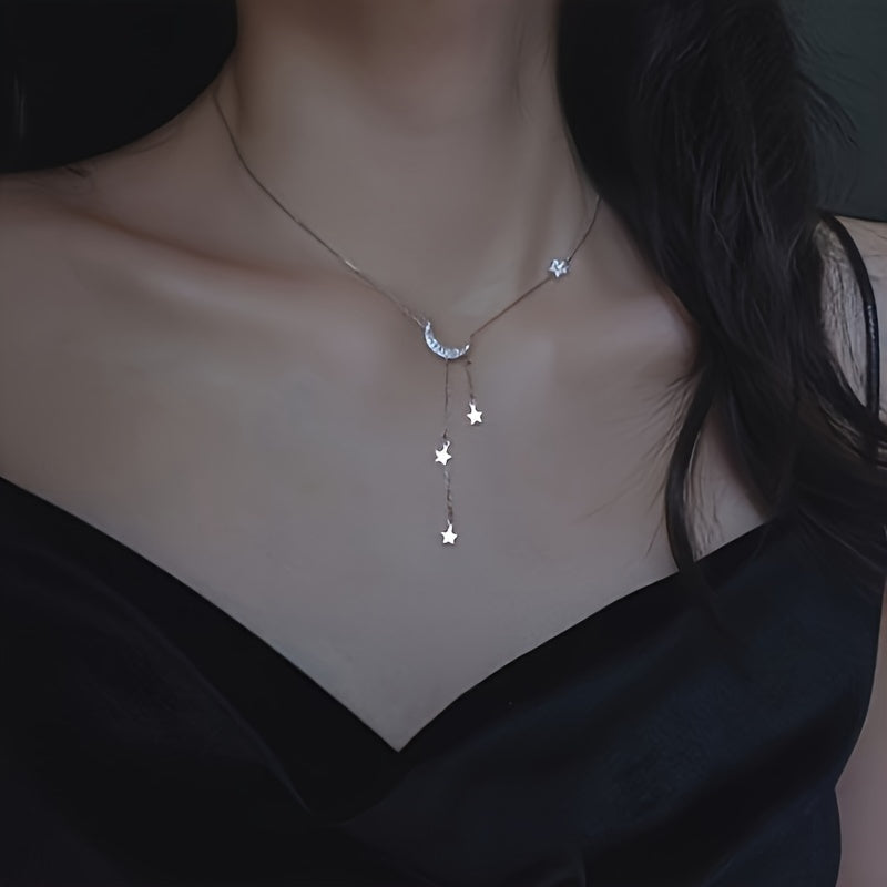 1pc Elegant Silvery Tassel Star and Crescent Necklace, Minimalist Style, Ladies Fashion Accessories, Perfect Birthday Gift for EID al-Fitr