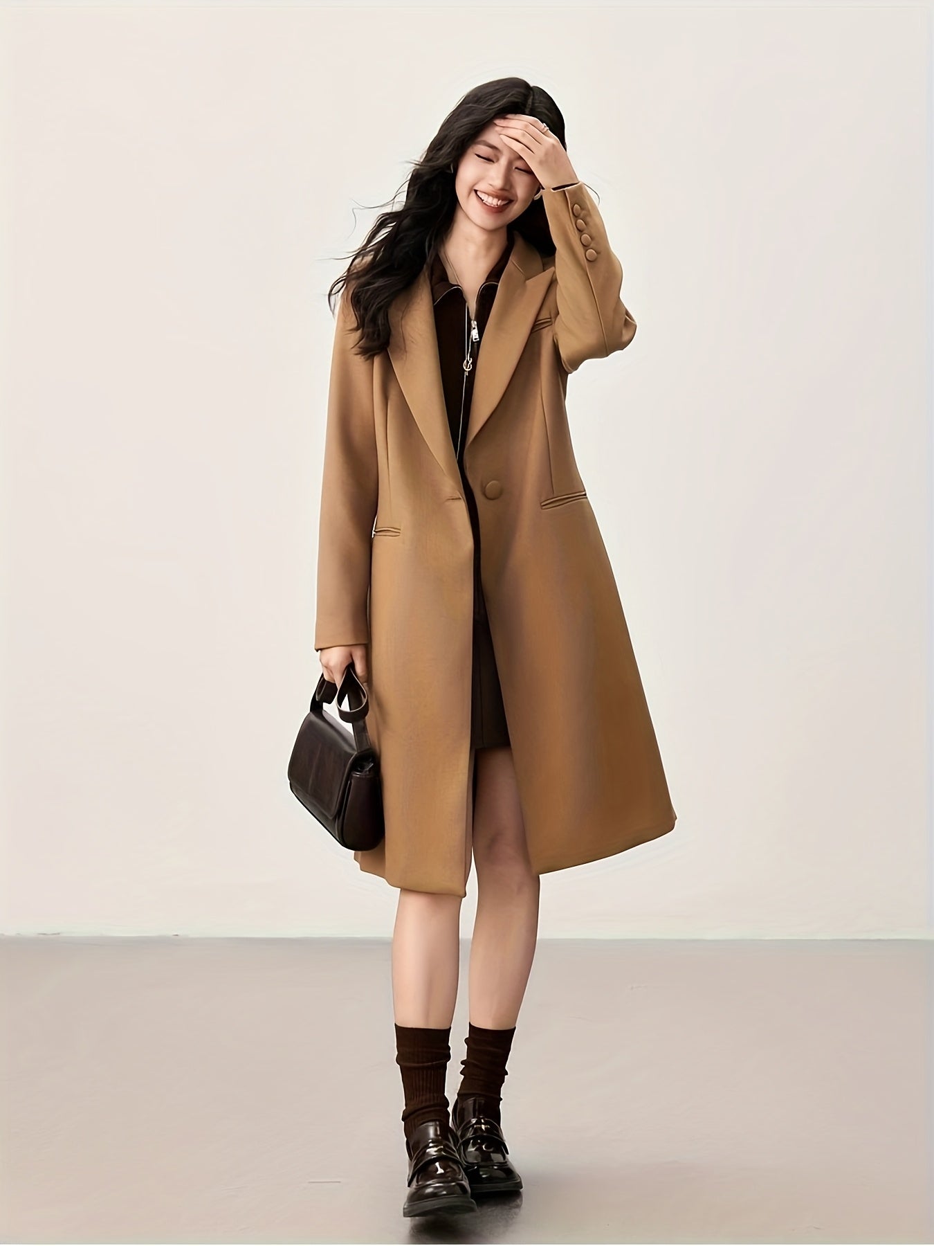 100% Wool Worsted Long Open-Front Coat Elegant for Commuting